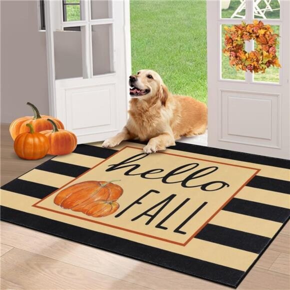 Fall Door Mat 32"x48" Non Slip Pumpkin Welcome Doormat Buffalo Plaid Doormats - Picture 1 of 7
